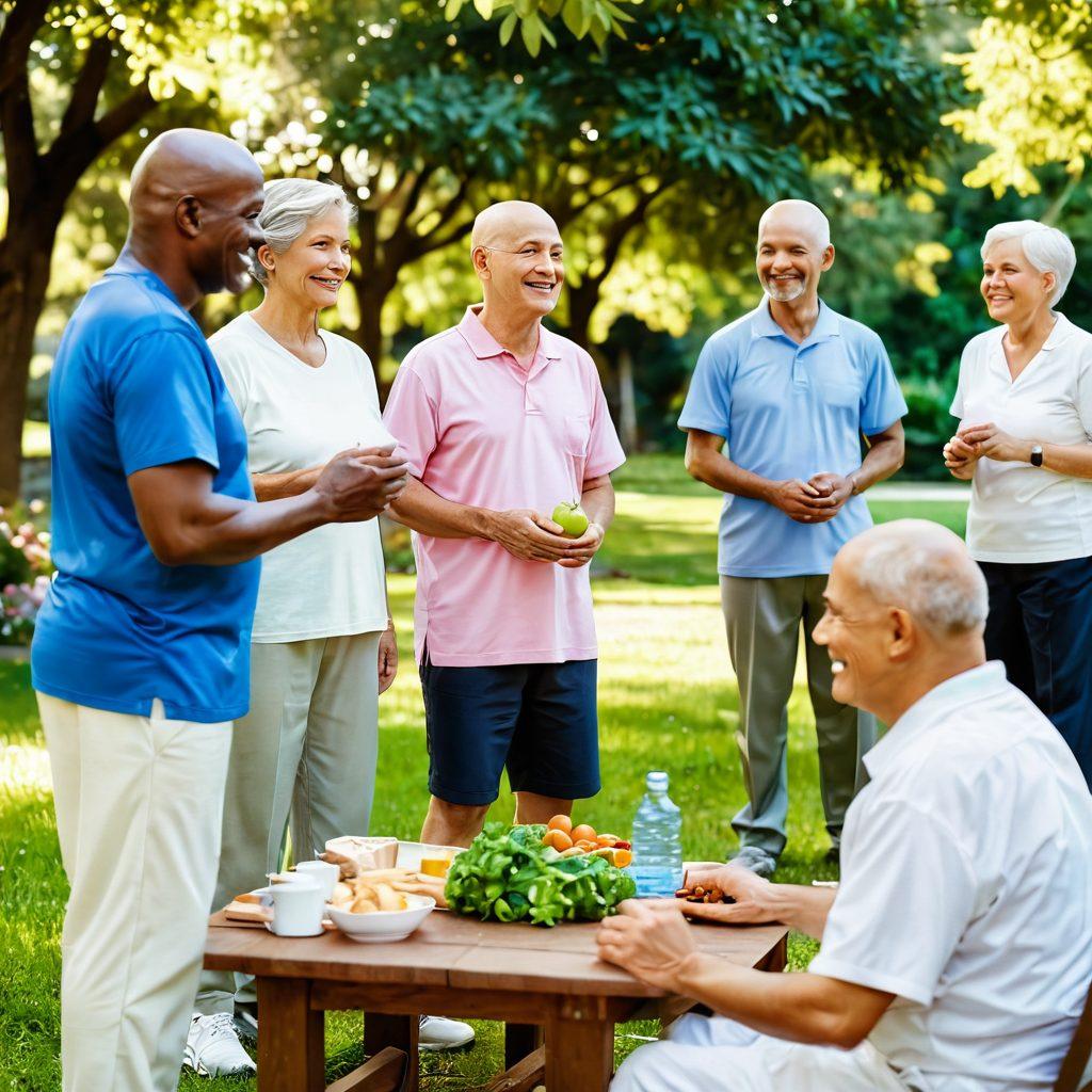 A serene scene of diverse senior individuals engaging in cancer care activities, such as exercising in a park, discussing health with caregivers, and preparing nutritious meals together, surrounded by lush greenery and warm sunlight. Emphasize warmth, community, and empowerment, showcasing both men and women smiling and supporting each other. super-realistic. vibrant colors. soft focus.