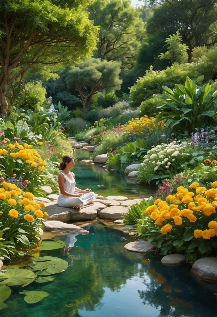 A serene landscape featuring a person meditating amidst a lush green garden, surrounded by vibrant flowers and a gentle stream symbolizing nourishment. Incorporate elements like healthy foods, like fruits and vegetables, floating around them, blending with ethereal light representing mindfulness and healing energy. A soothing color palette of greens, yellows, and soft blues to convey tranquility and health. super-realistic. vibrant colors. peaceful atmosphere.