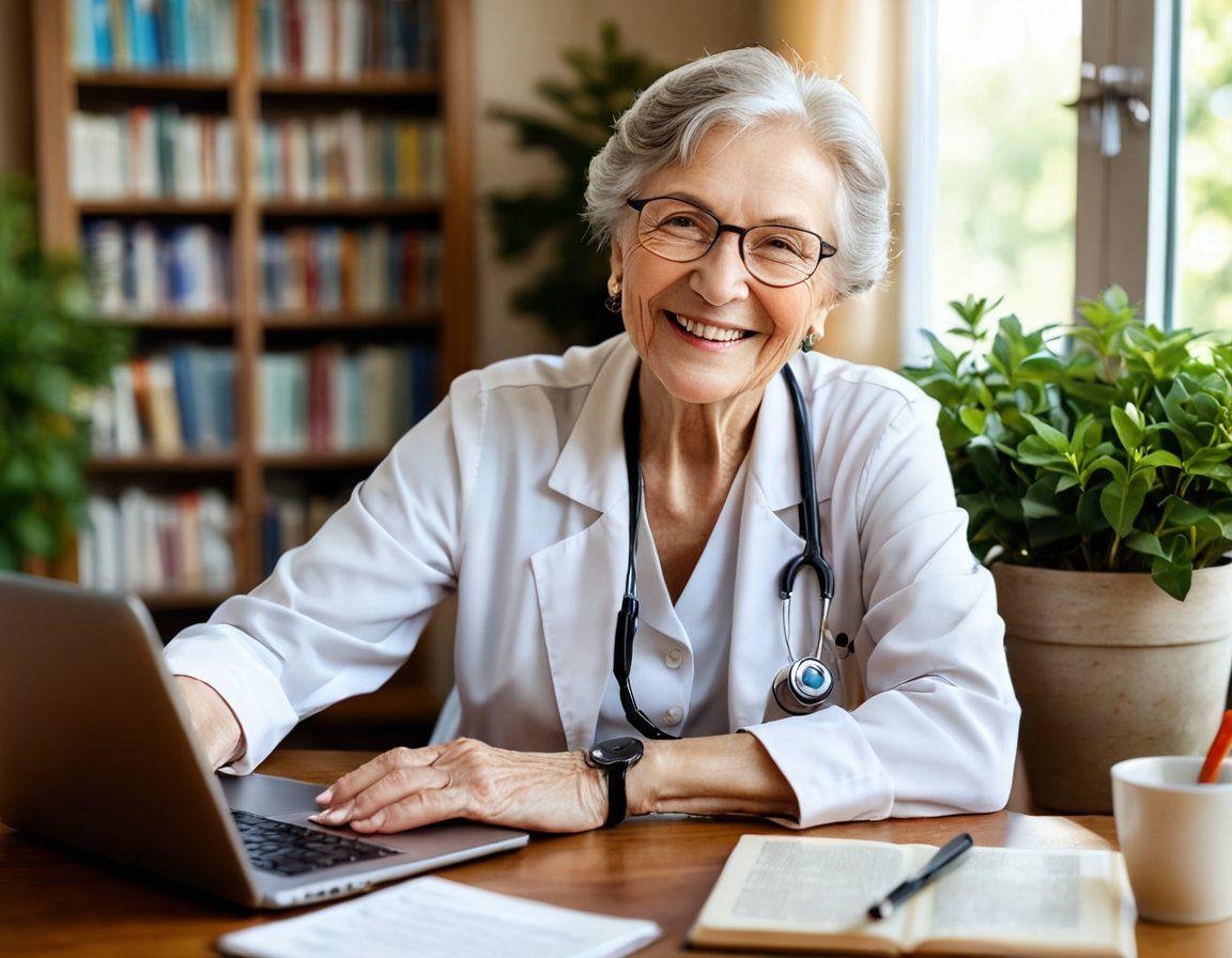 An elderly woman smiling while engaging in a virtual educational session, surrounded by books and a laptop. In the background, subtle imagery of health symbols like a stethoscope, heart, and natural elements like trees and flowers to emphasize healthy aging. Soft, warm lighting to evoke a feeling of comfort and empowerment. vibrant colors. super-realistic.